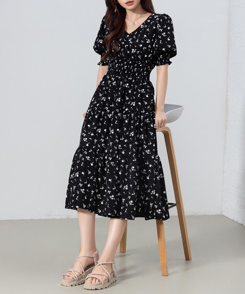 DAY CLOSET ワンピース レディース 半袖小花柄ウエスト