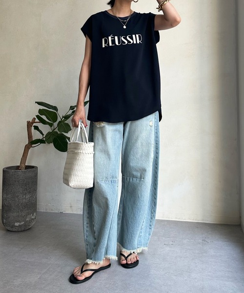 バックボタンジョーゼットロゴTEE　ホワイト　新品 DouDou シャツ ブラウス バックボタンジョーゼットロゴTEE