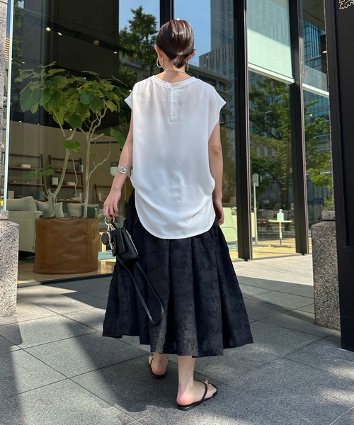 DouDou シャツ ブラウス バックボタンジョーゼットロゴTEE