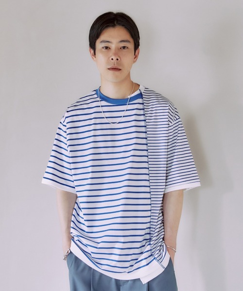 SUVIN×SUPIMA COTTON ボーダーリラックスTシャツ(1 BLACK
