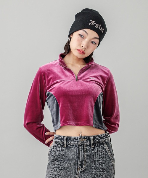 X-girl（エックスガール） パーカー VELOUR HALF ZIP TOP レディース