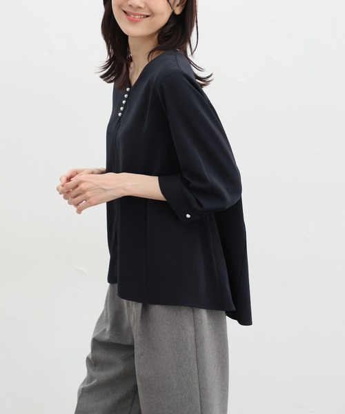 ブラウス シャツ バール釦ロングシャツ レディース Honeys ブラウス シャツ 7分袖パール釦ブラウス レディース