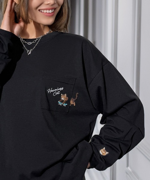 Candlestick tシャツ ゆったり 萌えネコ 袖 刺繍 ポケット ロンティ