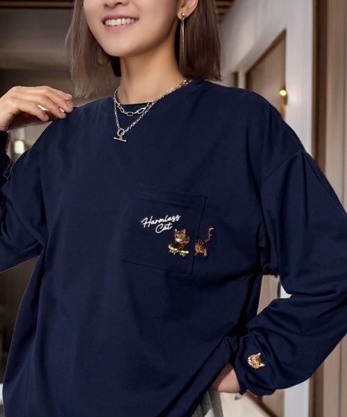 Candlestick tシャツ ゆったり 萌えネコ 袖 刺繍 ポケット ロンティ