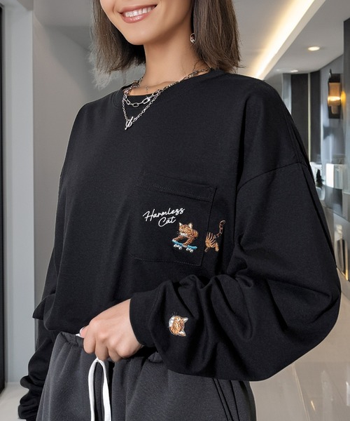Candlestick tシャツ ゆったり 萌えネコ 袖 刺繍 ポケット ロンティ