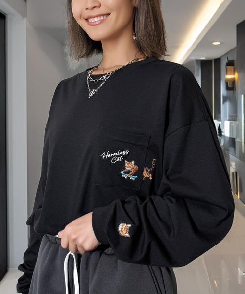 Candlestick tシャツ ゆったり 萌えネコ 袖 刺繍 ポケット ロンティ
