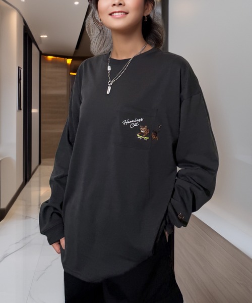 Candlestick tシャツ ゆったり 萌えネコ 袖 刺繍 ポケット ロンティ