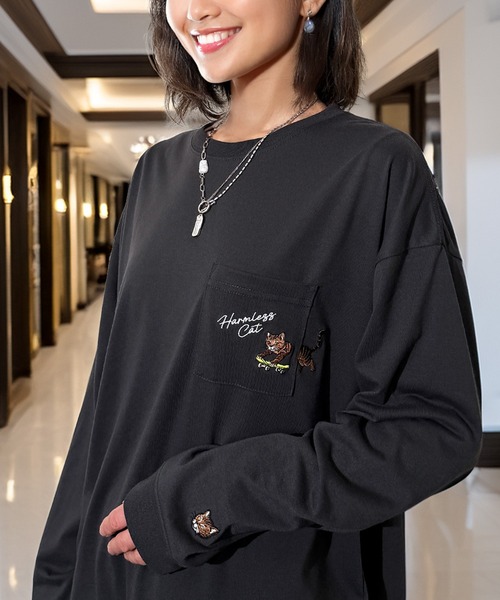 Candlestick tシャツ ゆったり 萌えネコ 袖 刺繍 ポケット ロンティ