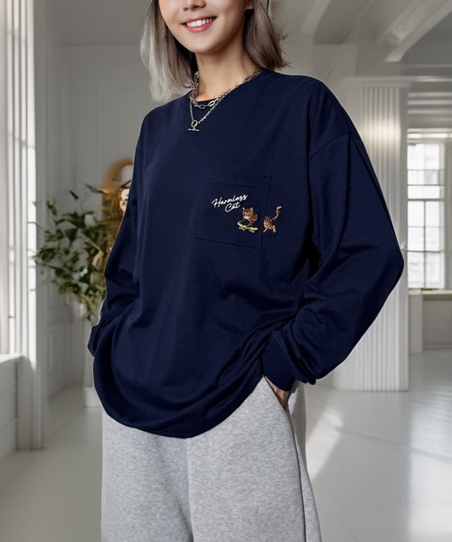 Candlestick tシャツ ゆったり 萌えネコ 袖 刺繍 ポケット ロンティ
