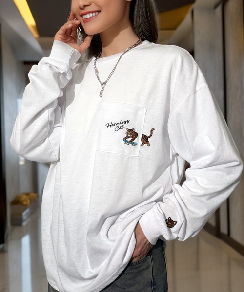 Candlestick tシャツ ゆったり 萌えネコ 袖 刺繍 ポケット ロンティ