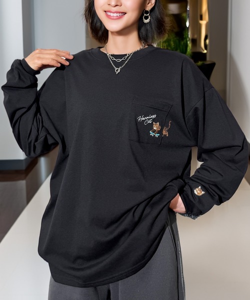 Candlestick tシャツ ゆったり 萌えネコ 袖 刺繍 ポケット ロンティ