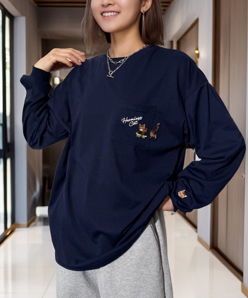 Candlestick tシャツ ゆったり 萌えネコ 袖 刺繍 ポケット ロンティ