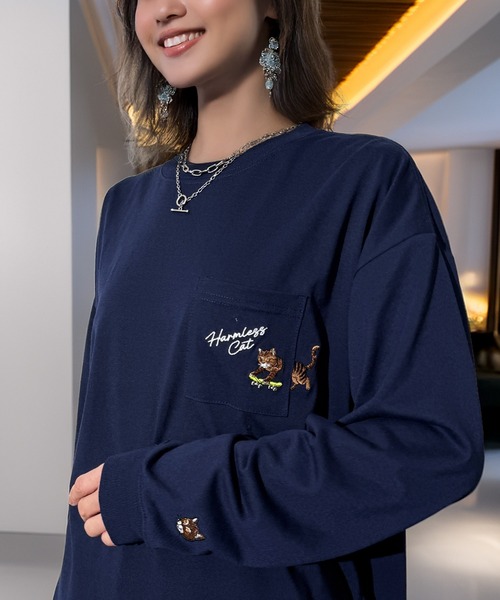 Candlestick tシャツ ゆったり 萌えネコ 袖 刺繍 ポケット ロンティ