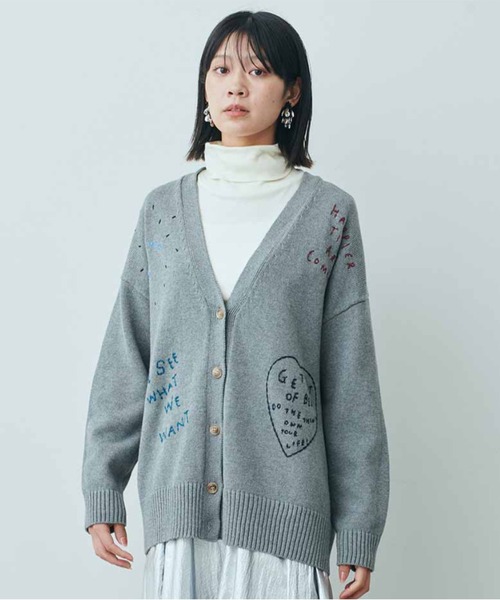 カーディガン ＭＥＤＥ１９Ｆ　レタード刺しゅうニットカーデ「グレー」 レディース