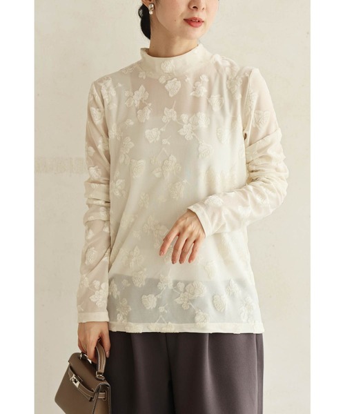 tシャツ ベロア調の花浮かぶ 上品シアーインナー レディース