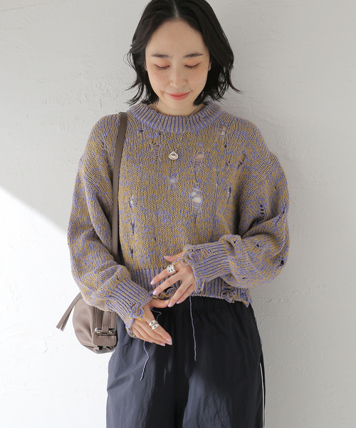 ニット セーター 「JANE SMITH/ジェーンスミス」DAMAGE COTTON KNIT CREW NECK：ニット レディース