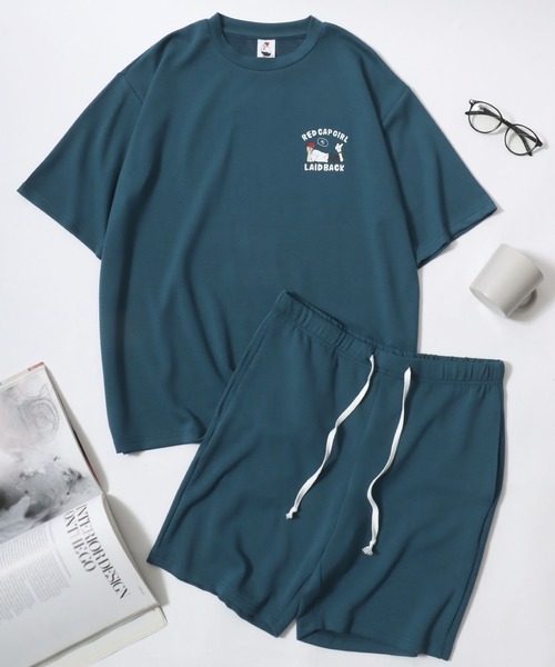 ニット セットアップ パンツ ルームウェア レッド JANJAM 上下セットアップ 大きいサイズ レディース カップ付きT