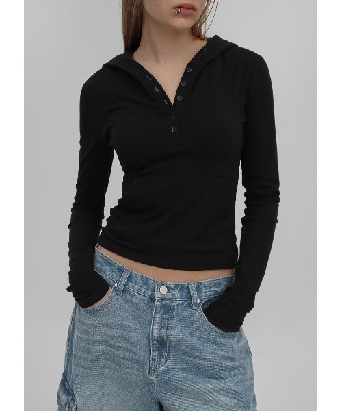 tシャツ 「MADE」 リキンボタンフード長袖Tシャツ レディース BLACKUP tシャツ 「MADE」 リキンボタンフード長袖Tシャツ