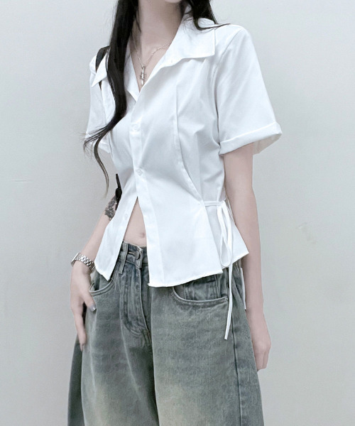 シャツ/ブラウス(半袖/袖なし) Lace Ribbon Blouse - White-Black tulle lace ribbon blouse（シャツ・ブラウス） | CODE A（コードエー