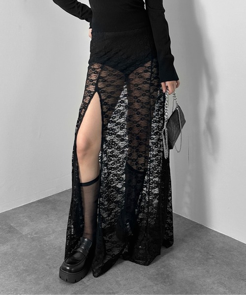 PRADAダークグレー フレアスカート 後ろスリット付き 後ろリボン付きフラワー刺繍スカラップレースフレアスカート