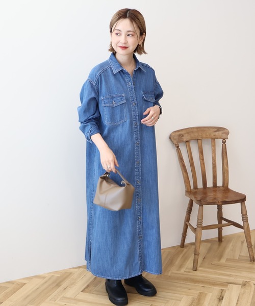 AMERI アメリ　デニムシャツワンピース　マキシ丈　ロング　フリー　羽織 Ameri（アメリ）の「I LINE DENIM SHIRT DRESS（ワンピース