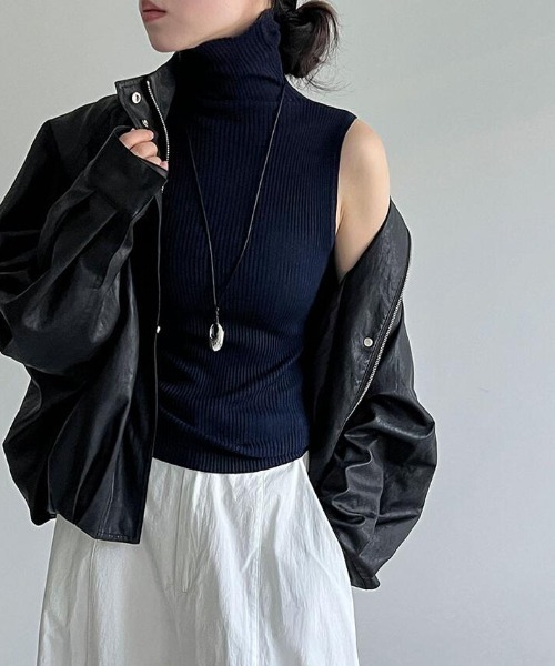 リブ編み ノースリーブ トップス 黒 タンクトップ ノースリーブ リブ編みタートルネックノースリーブニット