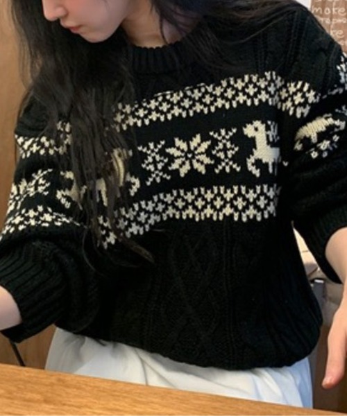 XLサイズ相当 PEARLY GATES ケーブルニットセーター ノルディック柄 AIC. ニット セーター ノルディックパターンケーブルニット レディース