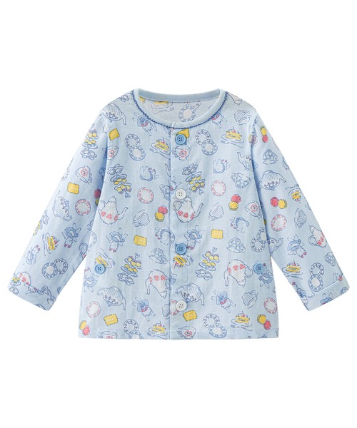 【新品未使用品】PGガーゼ kids パジャマ上下 水色模様有り Combi mini パジャマ おなか安心ボタン付き長袖前開きガーゼパジャマ