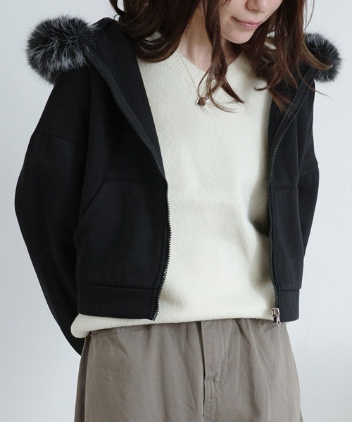 パーカー 「裏起毛」ファー付き ショート丈 ジップアップパーカー