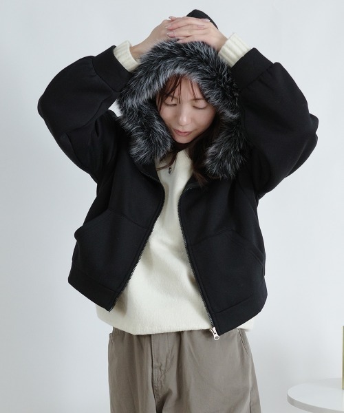 パーカー 「裏起毛」ファー付き ショート丈 ジップアップパーカー