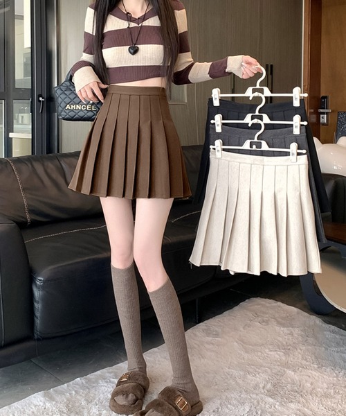 LAYERED スカート ウールライク プリーツ ミニスカート インパン付き