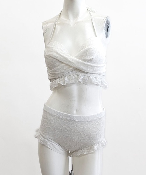 フリル付きグレーセパレート水着　swimwear/綿レースフリル(3点セット) Riff（リフ） 水着 フリルセパレート水着＆レースパレオ3点セット