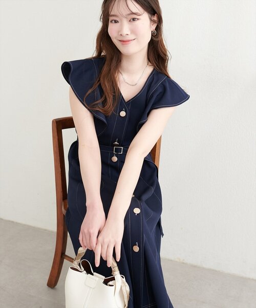 natural couture ワンピース 「canami」配色ステッチラッフル袖