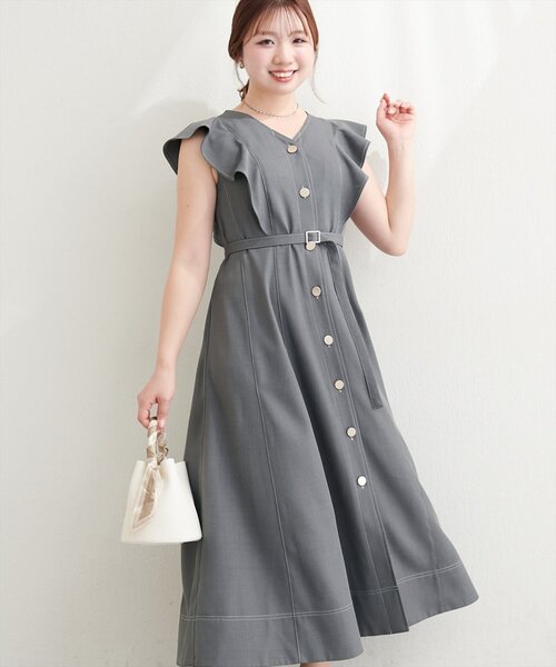 natural couture ワンピース 「canami」配色ステッチラッフル袖