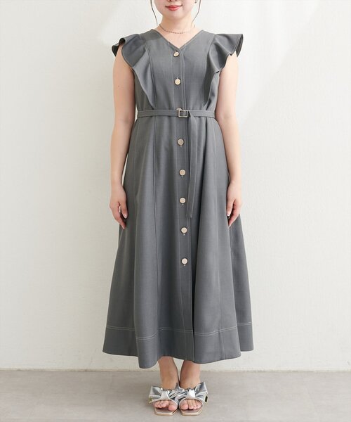 ★専用★ 濃紺アザミ柄 コーマー地反物 ラッフル袖 ローウエストワンピース natural couture ワンピース 「canami」配色ステッチラッフル袖