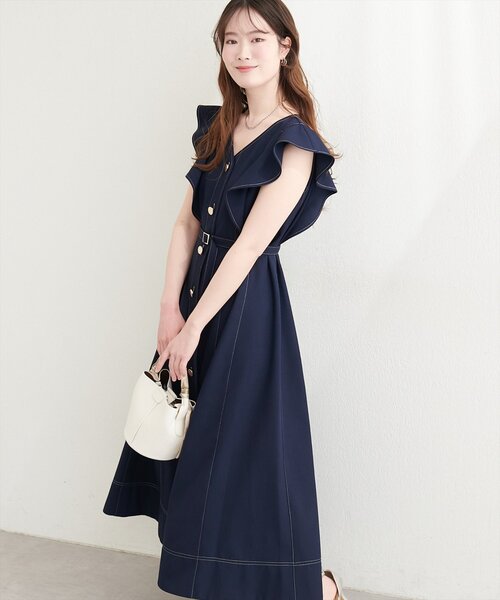 natural couture ワンピース 「canami」配色ステッチラッフル袖
