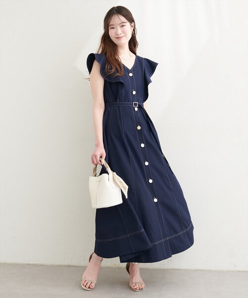 natural couture ワンピース 「canami」配色ステッチラッフル袖