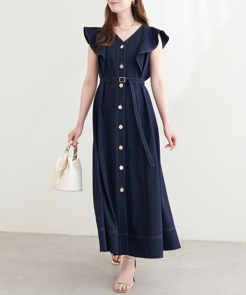 natural couture ワンピース 「canami」配色ステッチラッフル袖
