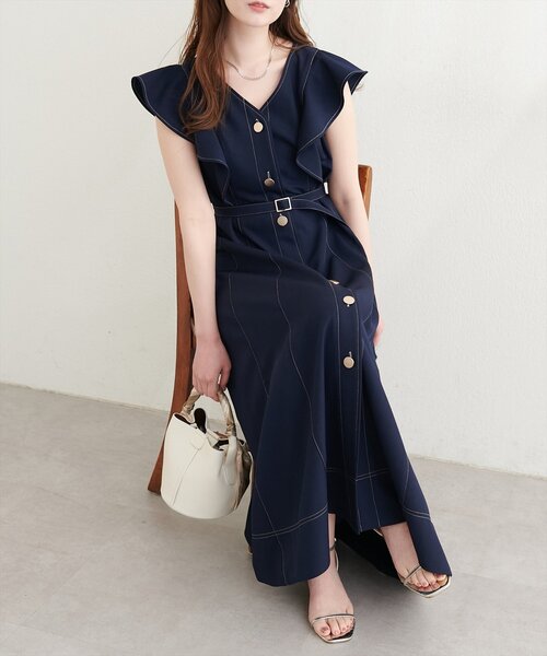 natural couture ワンピース 「canami」配色ステッチラッフル袖
