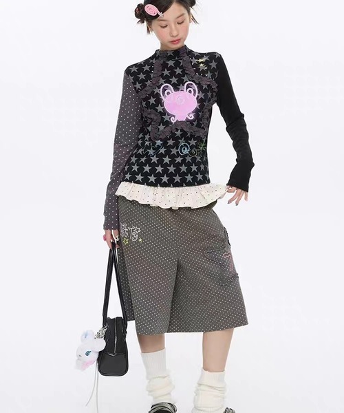 AsheKsha パンツ サブカルチャー水玉柄七分丈パンツ レディース