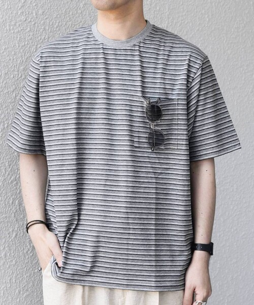 SHIPS any tシャツ any:「接触冷感」マルチ ボーダー ポケット Tシャツ