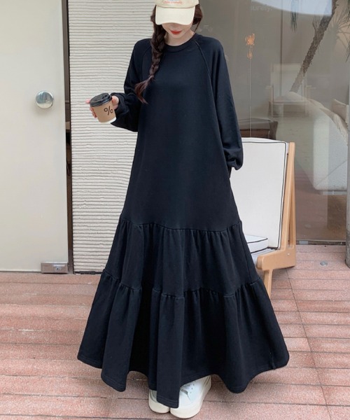 エムミーエメ　スウェットティアードロングワンピース　黒 2ly2 ワンピース ティアード ロングスウェットワンピース : ZOZOTOWN
