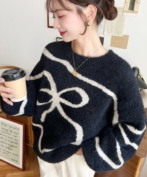 moment+ ニット セーター リボンラインジャガードフェザーニットプル