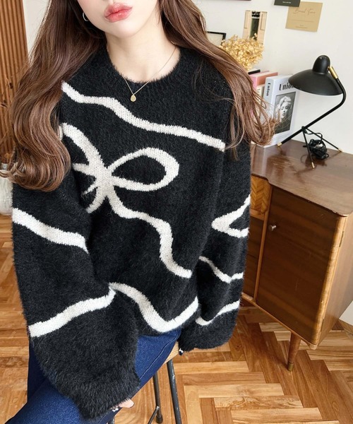 moment+ ニット セーター リボンラインジャガードフェザーニットプル