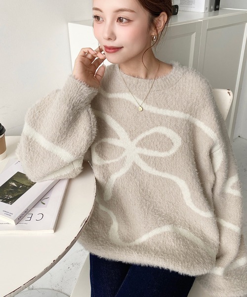 moment+ ニット セーター リボンラインジャガードフェザーニットプル