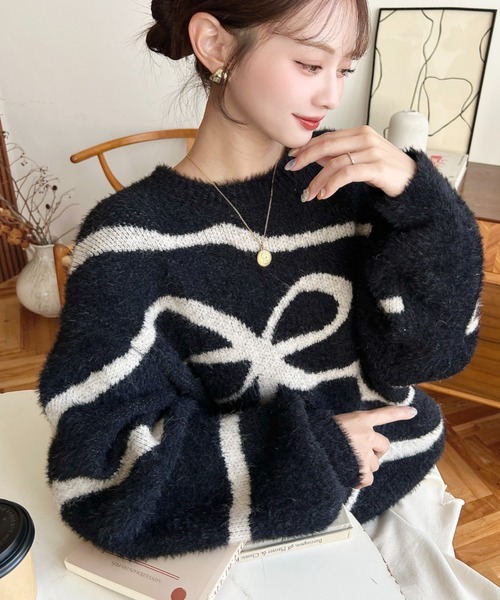 moment+ ニット セーター リボンラインジャガードフェザーニットプル