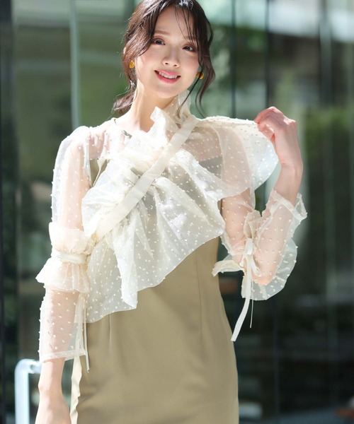 PourVous オケージョンドレス 結婚式 同窓会 オーガンジー袖あり PourVous ドレス 結婚式 パーティードレス オーガンジーミモレ丈