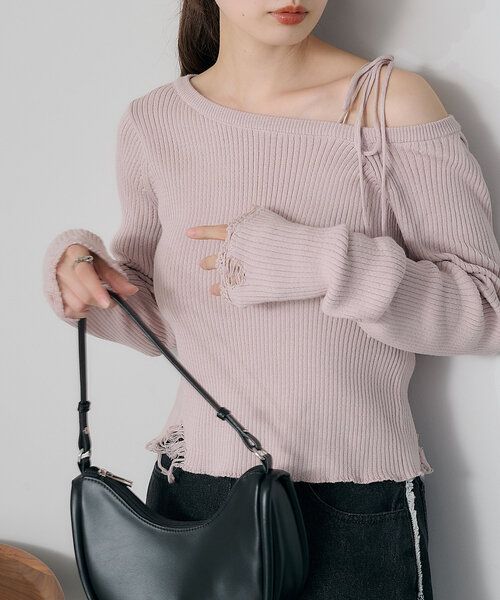 Kastane ニット セーター 「紐アレンジ」ダメージリブニットプル