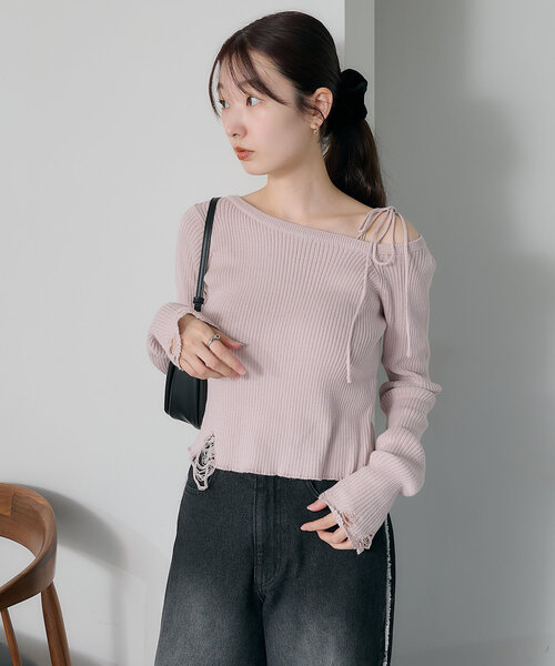 Kastane ニット セーター 「紐アレンジ」ダメージリブニットプル
