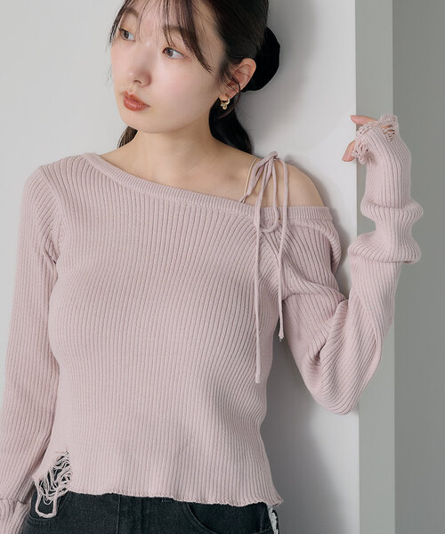 Kastane ニット セーター 「紐アレンジ」ダメージリブニットプル